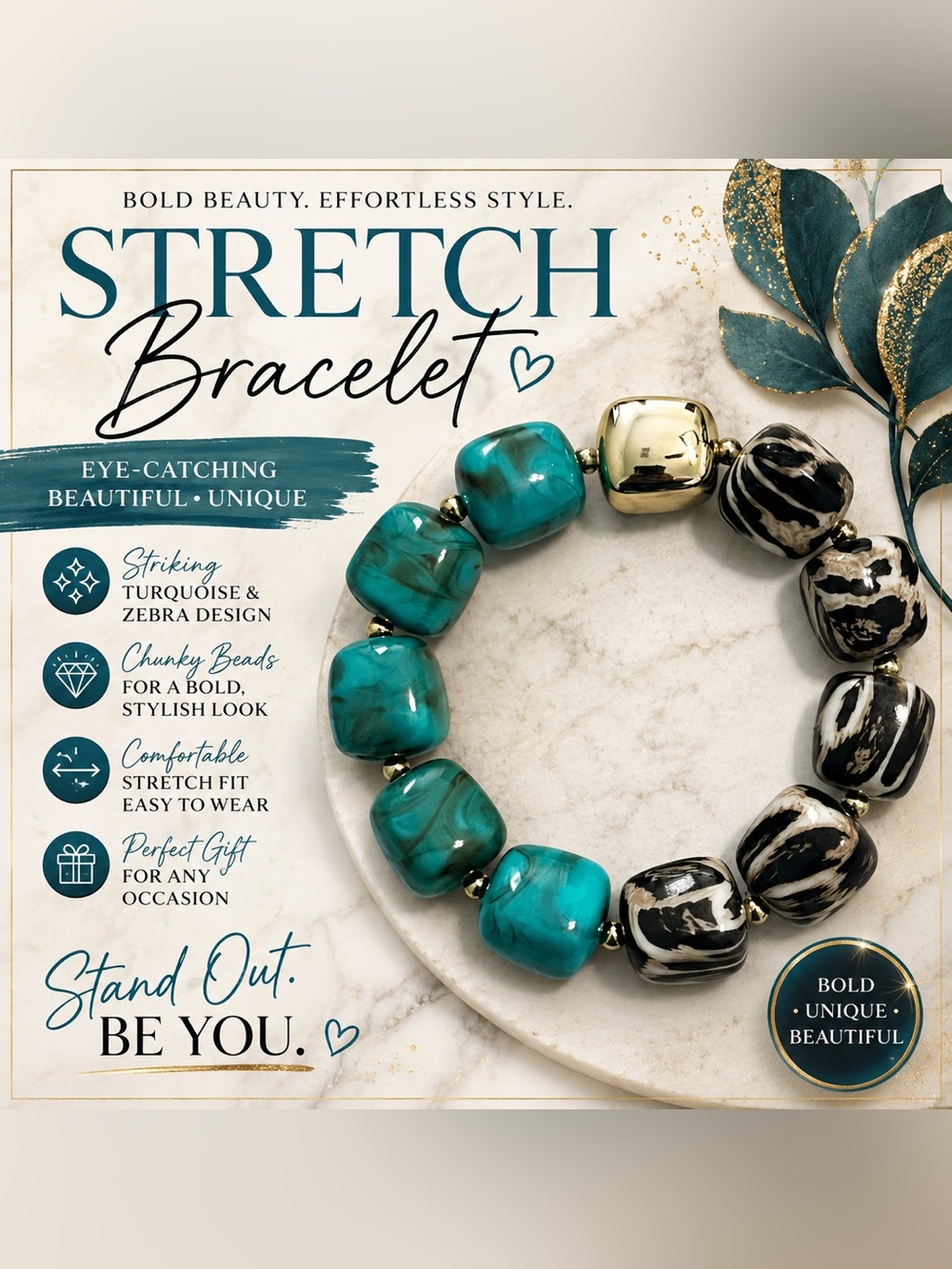 Turquoise & Zebra Stretch Bead Bracelet - fits larger wrists